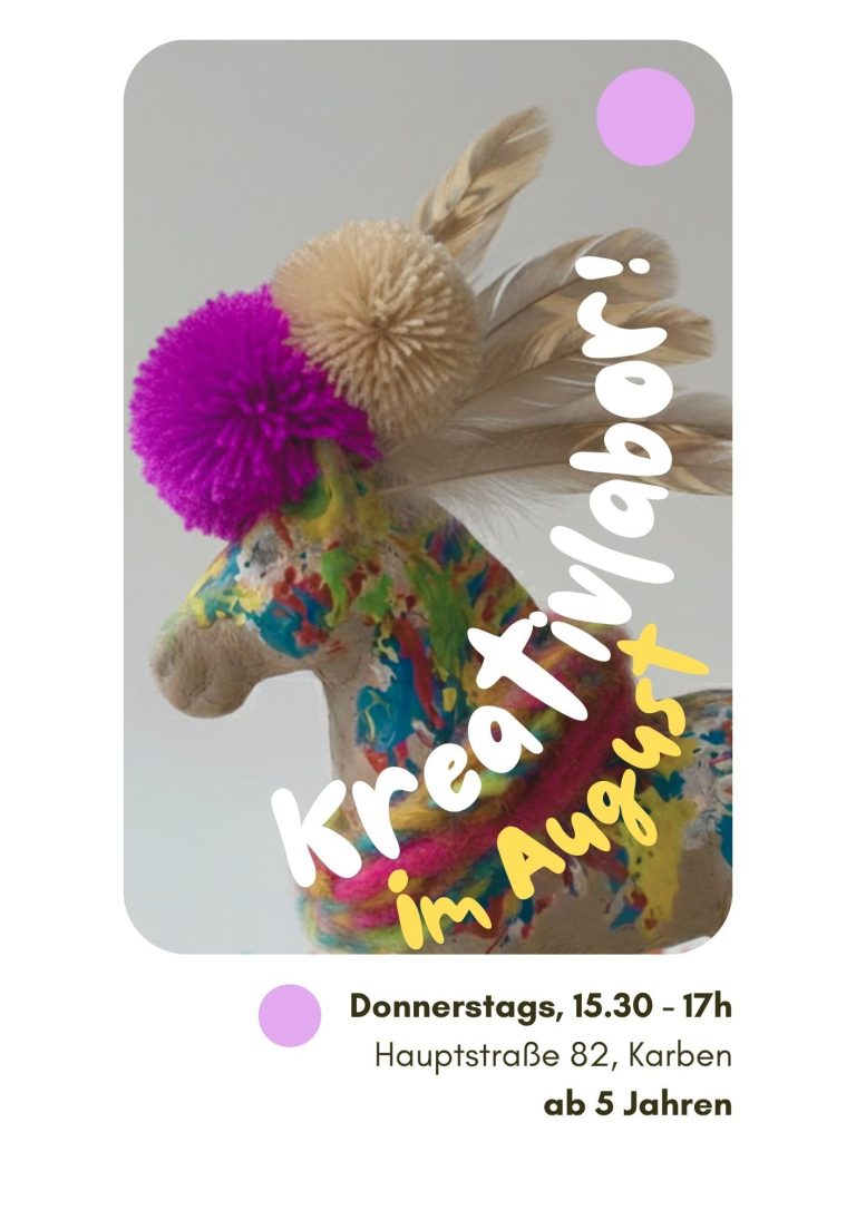 Kinderkunst, prozessorientiert, Kunstpädagogik Bunt bemalter, dekorativer Pferdekopf mit einem lila Pompon, daneben steht „Kreativlabor!" Kinderkunst, prozessorientiert, Kunstpädagogik